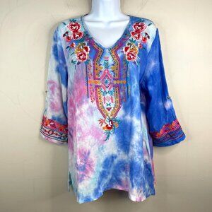 Calessa Womens Beachy Coastal Boho Tunic Top Size L Blue Floral Embroidered